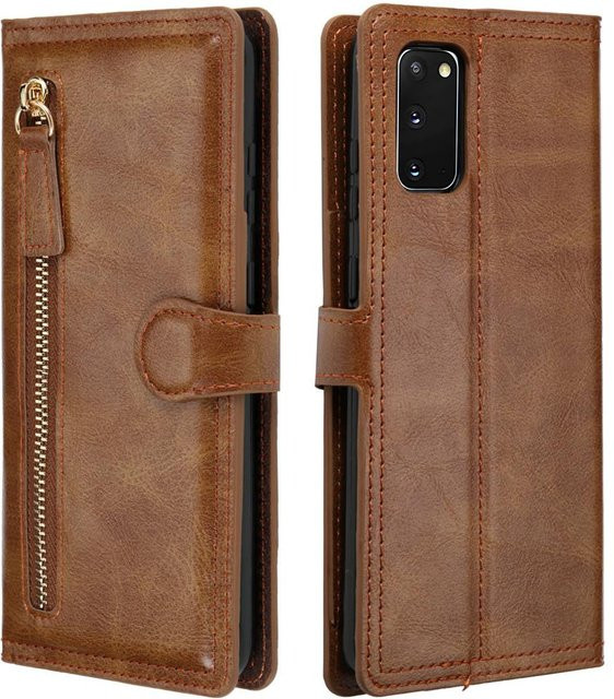 Samsung Galaxy S20 FE Leder Klapphülle mit Reißverschluss als Brieftasche in Braun - Bild 1