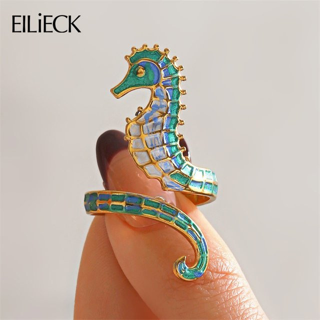EILIECK Ring Edelstahl, Emaille Seepferdchen, Gold, Damen - Bild 1