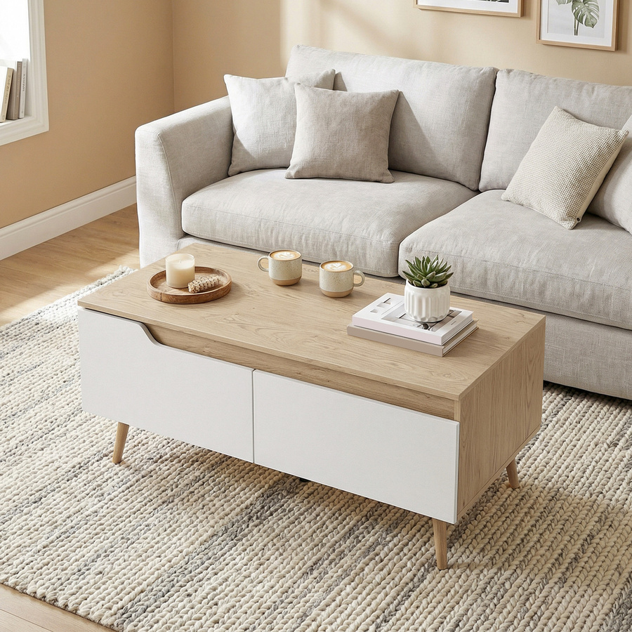 HOMCOM Rechteckiger Couchtisch in Eiche und Weiß mit 2 Schubladen und Kiefernholzfüßen, B/T/H: 100 x 50 x 46 cm - Bild 2