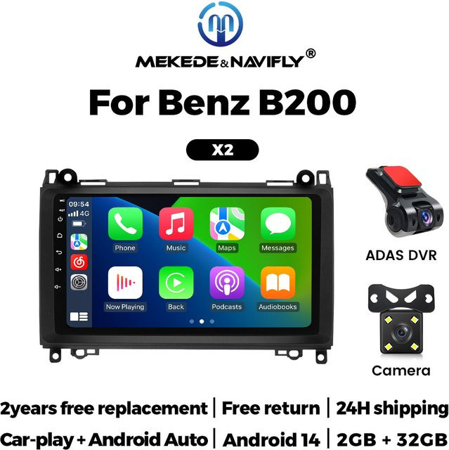 NaviTree Android 14 Auto Radio mit drahtlosem CarPlay und Multimedia-Funktionen für Mercedes Benz B200 W169 W245 W906 Sprinter W639 Vito, Schwarz, WiFi und Bluetooth - Bild 1