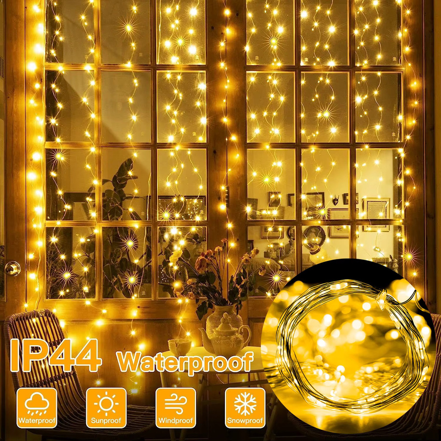 IEEYEEY LED-Feen-Lichterkette als Vorhang mit Fernbedienung und 8 Modi, USB-Betrieb, Warmweiß - Bild 2