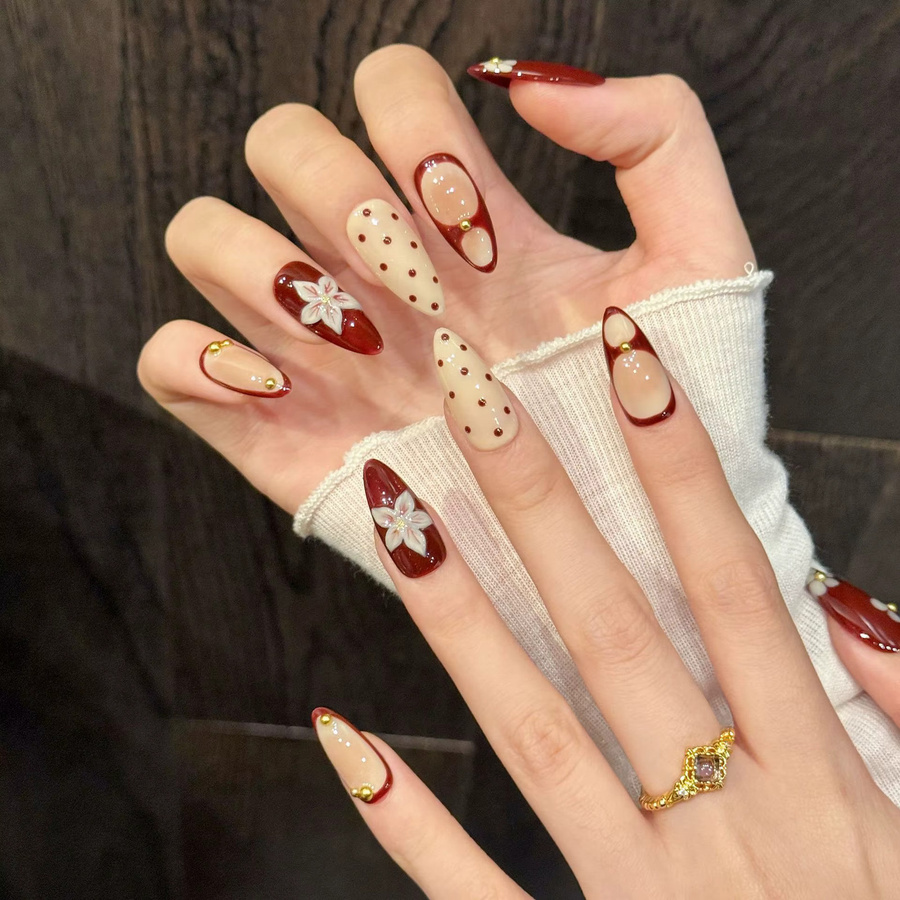 YADORNOS Press on Nails, rot, 3D Blütenblätter Design, glänzend - Bild 3