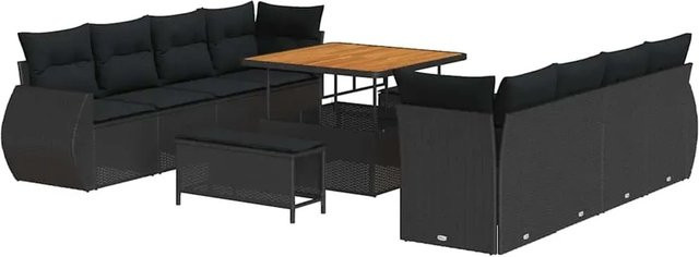 vidaXL Garten-Sofa-Set aus Polyrattan und Akazienholz in Schwarz, 11-teiliges Outdoor-Lounge-Set in U-Form mit Polsterung und Kissen für Garten und Terrasse - Bild 1