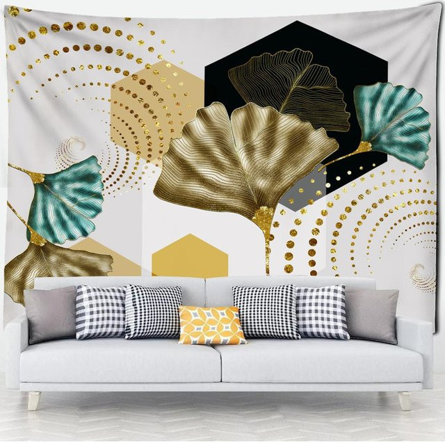 Wandteppich mit Ginkgo-Blatt und Marmor-Linien im Boho-Stil, Multicolour, B: 95 cm, H: 70 cm - Bild 1