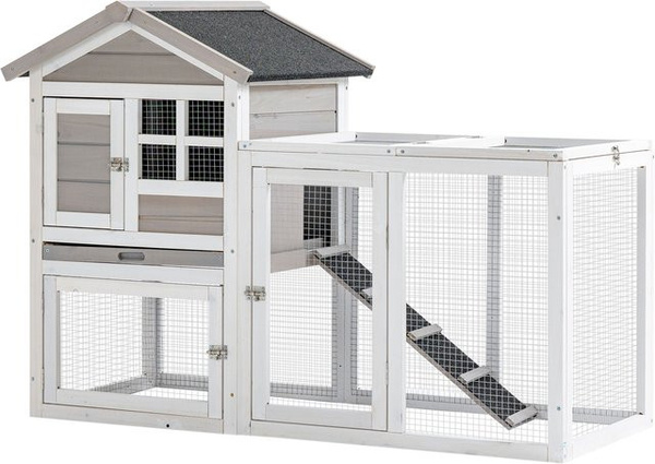 Aosom PawHut Kaninchenstall Hütte mit Außengehege und Rampe, Fichtenholz in Weiß und Grau, B: 64 cm, T: 128 cm, H: 92 cm