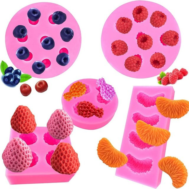 5er Set Silikon-Backformen in Fruchtoptik für Schokolade und Kuchen, Farben: Orange und Pink - Bild 1