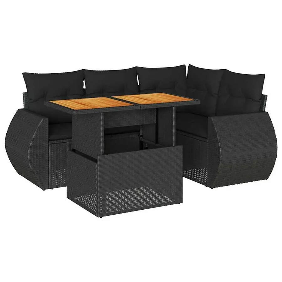 vidaXL 5-tlg. Garten-Sofagarnitur in L-Form aus Polyrattan und Akazienholz mit Kissen, Schwarz - Bild 2