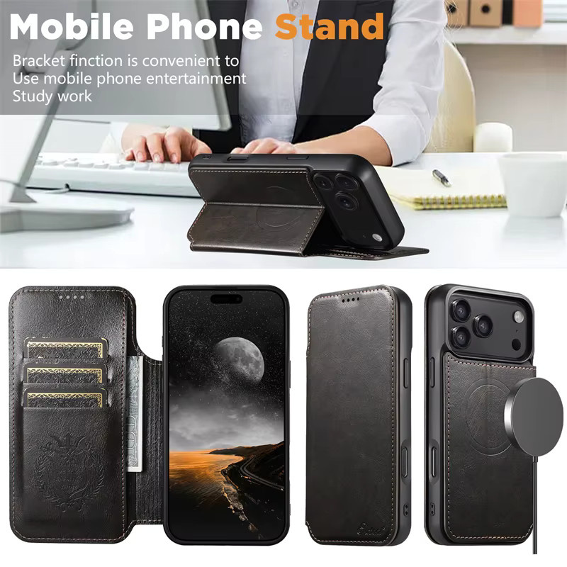 Newteneight Luxus Leder Brieftasche und Kartenhalter als magnetische MagSafe Hülle für iPhone 17 Air, 16, 15, 14, 13, 12 Pro Max in Schwarz - Bild 3