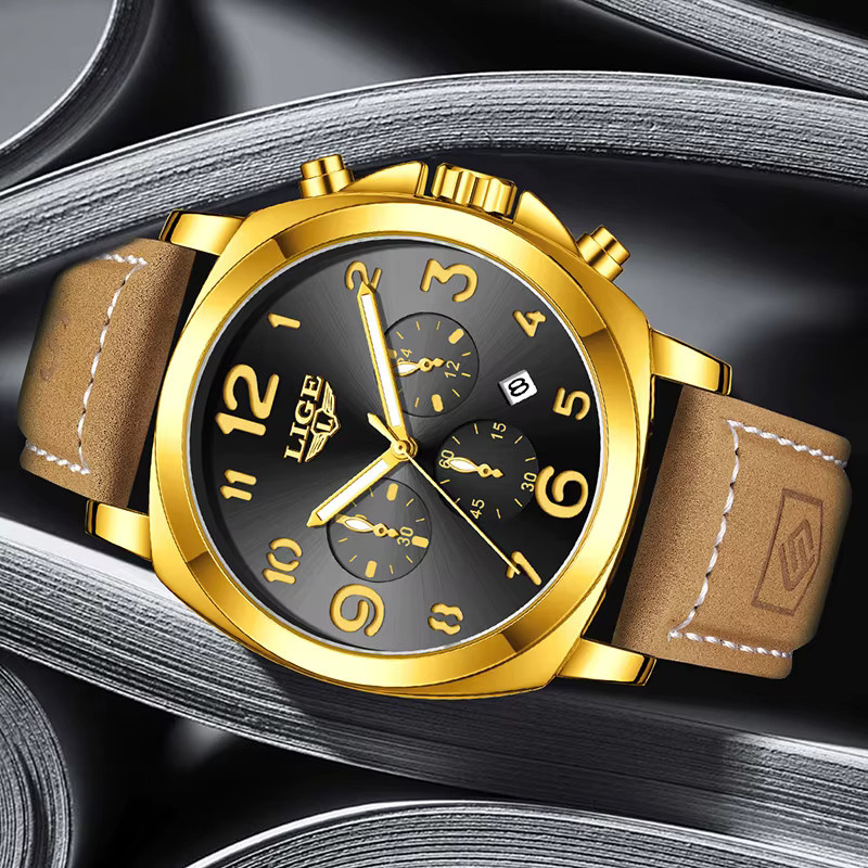 LIGE Armbanduhr, Gold, Leder, Quarz, Chronograph, Herren - Bild 2