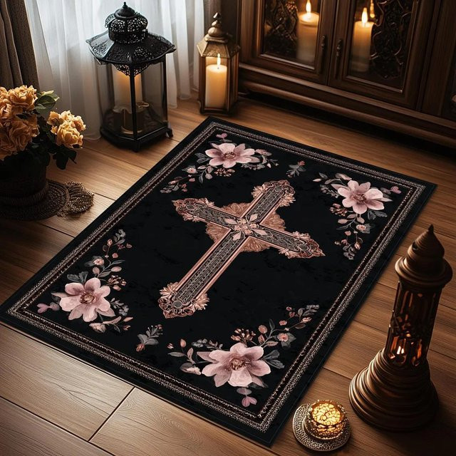 Christlicher Gebetsteppich von Lodestar in Schwarz mit abstraktem Design, rutschfest und maschinengewebt, B/T: 80 x 120 cm - Bild 1