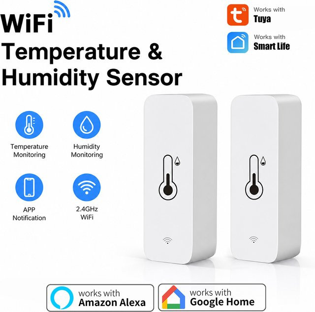 Tuya WiFi Smart Temperatur- und Feuchtigkeitssensor in Weiß, batteriebetrieben, kompatibel mit Alexa und Google Home - Bild 1
