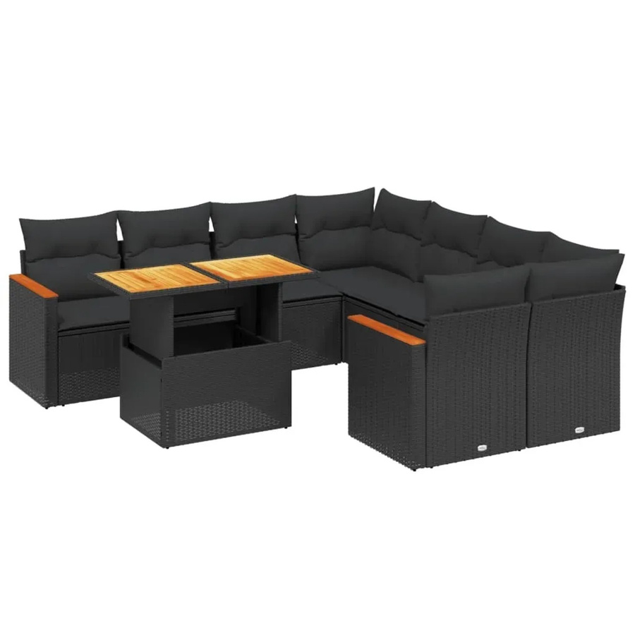 vidaXL 9-tlg. Garten-Sofagarnitur in L-Form aus schwarzem Poly-Rattan mit Kissen und pulverbeschichtetem Stahlrahmen - Bild 2