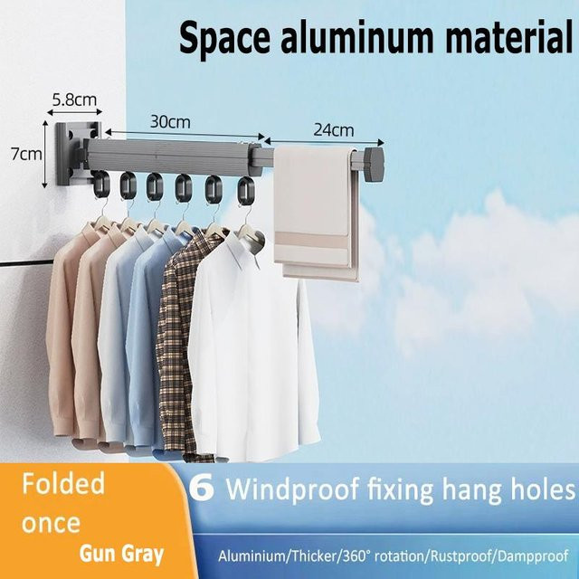 Wandmontierter Wäscheständer aus Aluminiumlegierung von Yiran Furniture, faltbar und platzsparend, Farbe: Grau - Bild 1