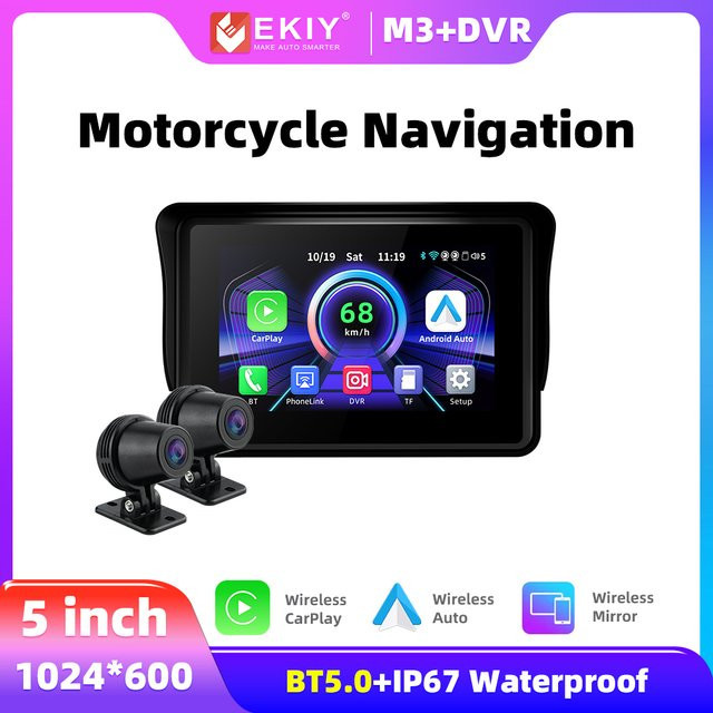 EKIY Tragbarer 5-Zoll Motorradbildschirm mit kabellosem CarPlay und Android Auto sowie GPS-Navigation in Schwarz - Bild 1