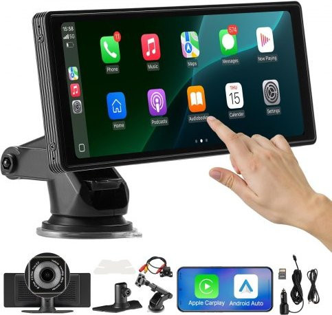 VEVOR Wireless Car Stereo mit 254 mm HD Touchscreen, Apple CarPlay und Android Auto, inklusive Front- und Rückfahrkamera, Bluetooth, GPS Navigation und Mirror Link, Schwarz - Bild 1