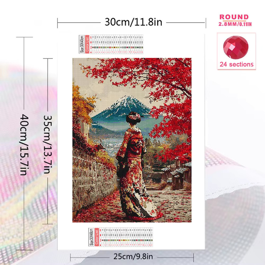 Evershine Diamantmalerei Mount Fuji Landschaft mit Ahornblättern als 5D Mosaik DIY Stickerei in Multicolour, Breite: 30,0 cm, Höhe: 30,0 cm - Bild 2