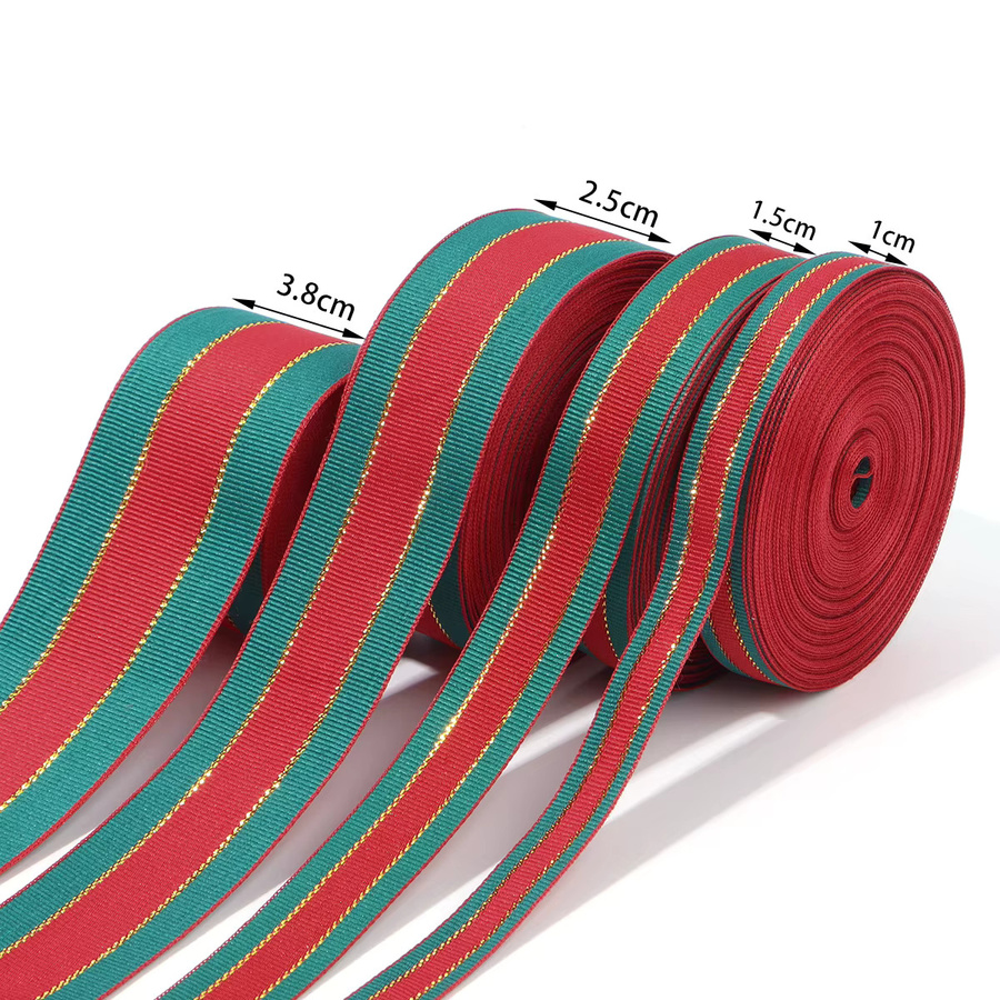 Klassisches Weihnachtsband aus Polyester mit rot-grünen Ripsstreifen und goldener Spitze für DIY-Handwerk und Geschenkverpackungen - Bild 2