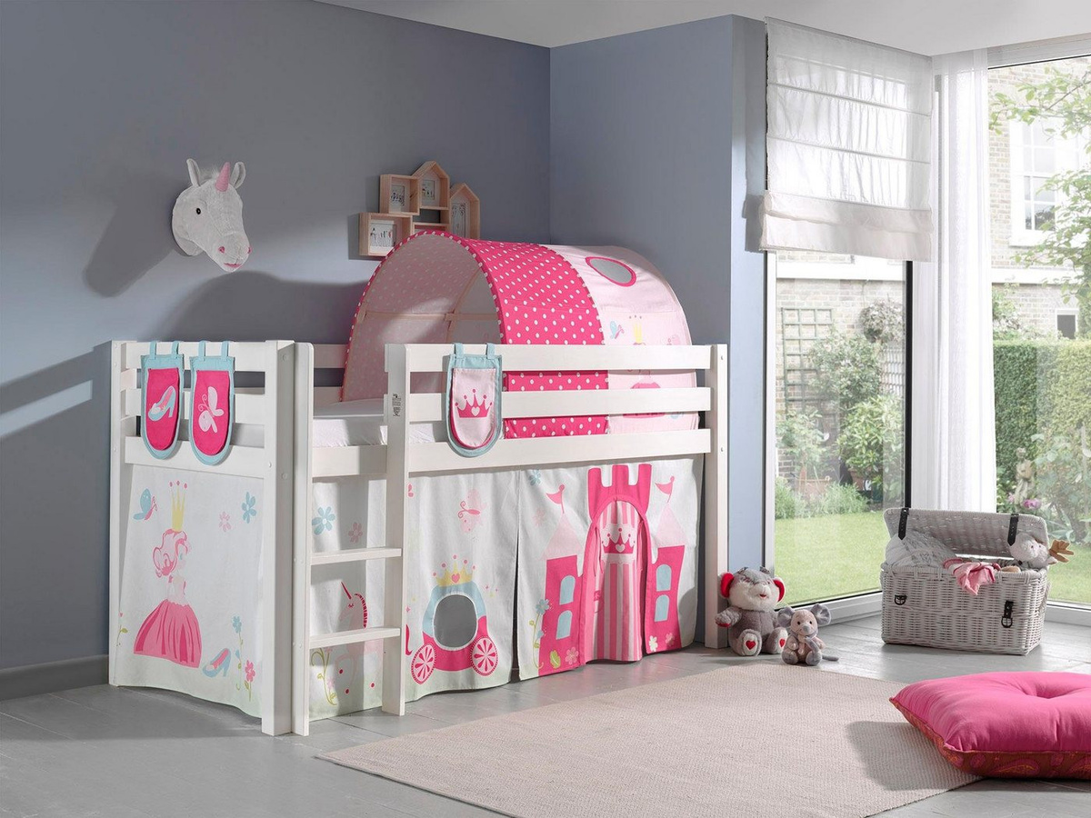 Vipack Hochbett Pino aus massiver Kiefer mit Textil-Set Princess inklusive Vorhang und Tunnel - Bild 1