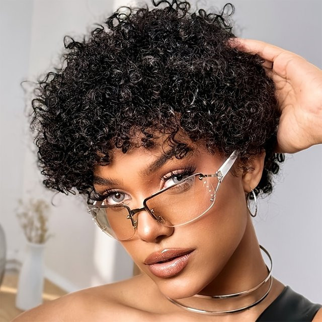 Linhua Afro-Perücke, kurz, lockig, mit Pony, Echthaar, Damen - Bild 1