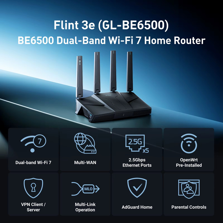 GL.iNet GL-BE6500 Flint 3e Dual-Band Wi-Fi 7 Heimrouter in Schwarz - Bild 3