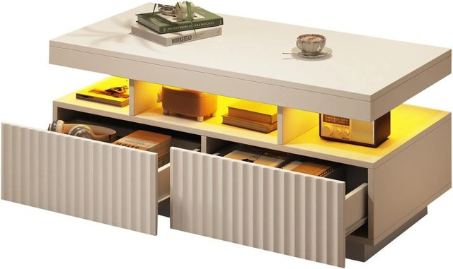 okwish Couchtisch mit LED-Schubladen in modernem Streifen-Design, Hochglanz Weiß, B/T/H: 100 x 50 x 45 cm - Bild 1