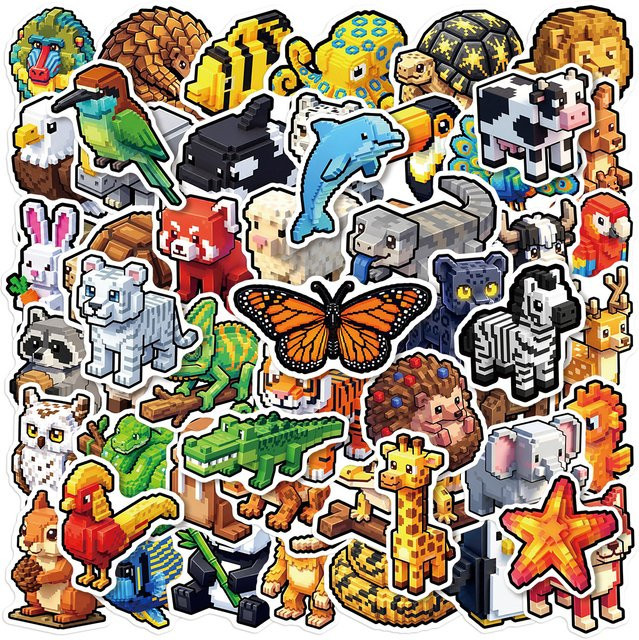Pixel Tierwelt Aufkleber, 50er-Pack, wasserfeste PVC-Sticker - Bild 1