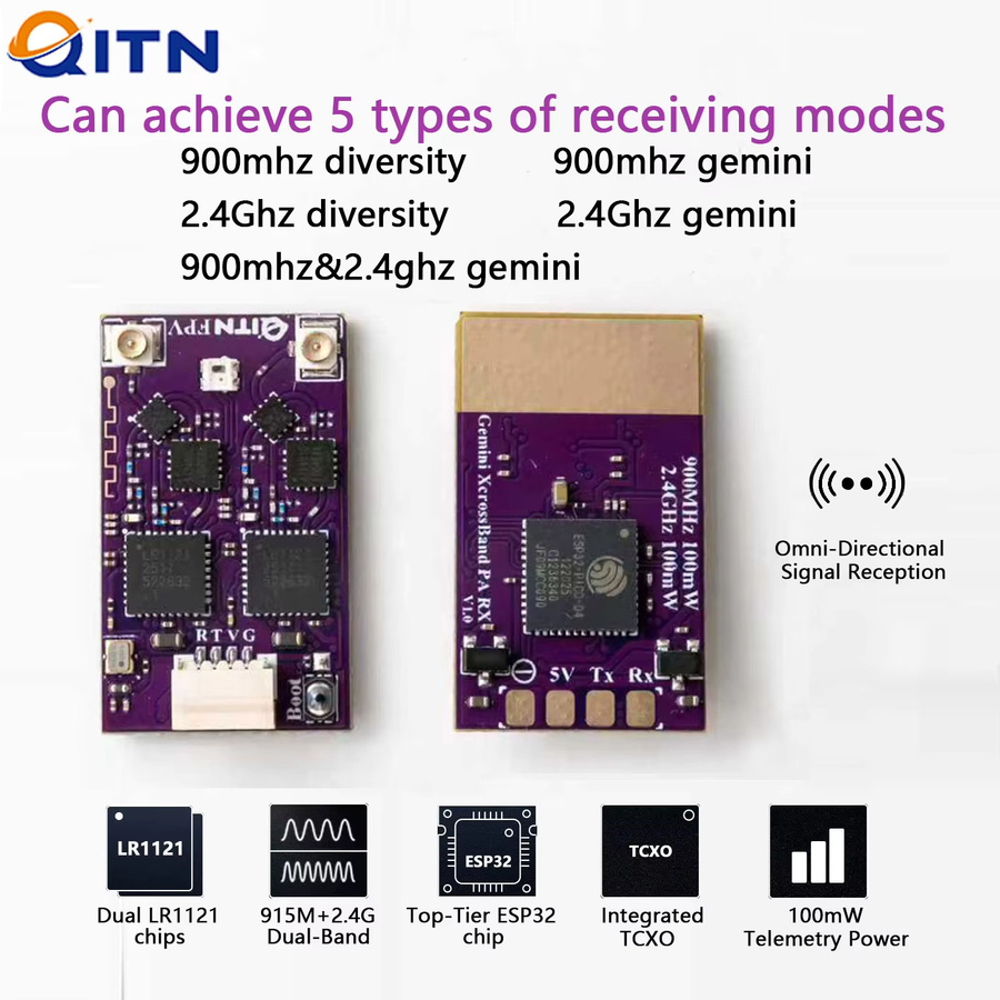 QITN ELRS Dual Band Gemini Empfänger 915MHz 2,4GHz mit ESP32-D4 und LR1121 TCXO Chip für FPV Racing Long Range Drohnen - Bild 2
