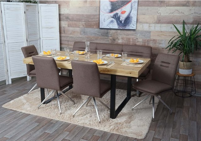 Esszimmer-Set MCW-H70 in Braun mit Textilbezug und gebürstetem Edelstahl, Breite: 180 cm - Bild 1