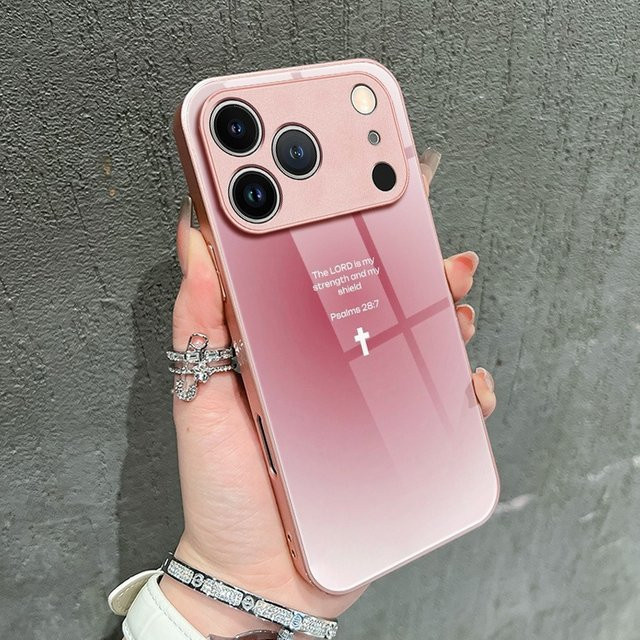 Handyhülle aus gehärtetem Glas mit Heiliges Kreuz-Design in Rosa Metallic für Apple iPhone 11 bis iPhone 17 Pro Max und Air Modelle - Bild 1