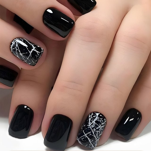 OMQAIO Kunstnägel, schwarz weiß, glänzend, 24 Stück, Unisex - Bild 1