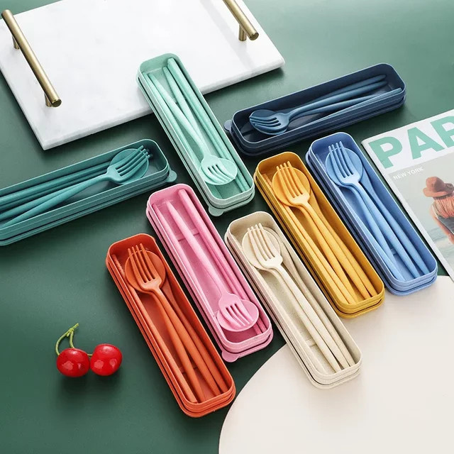 4-teiliges Besteckset aus Weizenstroh von DUTRIEUX in Beige und Multicolour, mattiertes Reisebesteck mit Messer, Gabeln, Löffeln und Essstäbchen - Bild 1