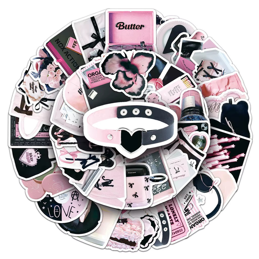 52 Stück Aufkleber im INS-Stil von AnimeWorlds Store in Schwarz und Rosa zur Dekoration von Notizbüchern und Gepäck - Bild 2
