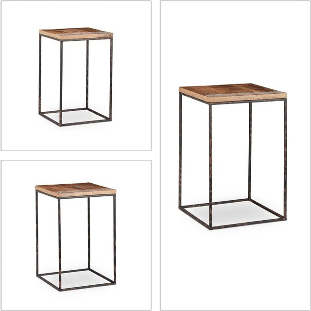 Relaxdays Beistelltisch 3er Set aus Mangoholz und Metall im Industrial Stil, B/T/H: 55,5 x 35,5 x 35,5 cm, Farben: Braun, Weiß, Schwarz - Bild 1