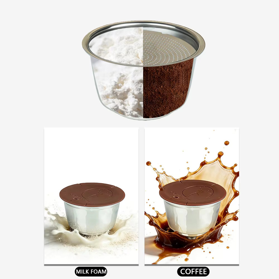iMellow Edelstahl Kaffee- und Milchschaum-Etui für Dolce Gusto mit Silikondeckel in Silber und Braun - Bild 2