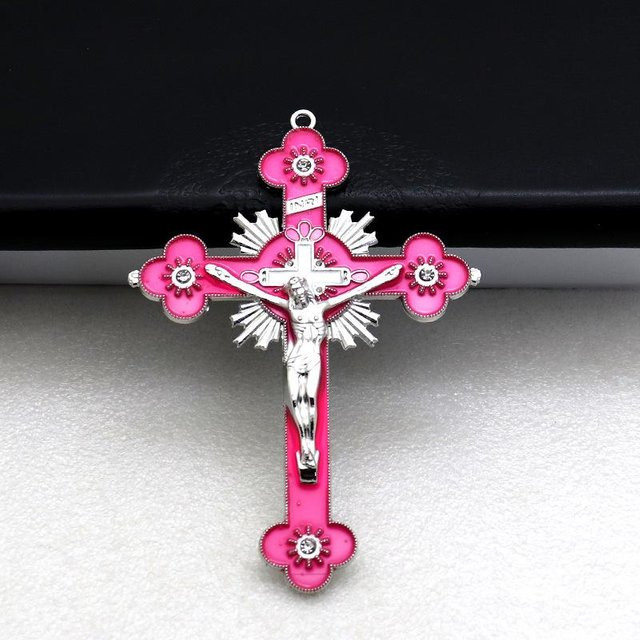 Nexstep 2er-Set Metall Emaille Kruzifix mit Kristall Blume als religiöse Dekoration - Bild 1