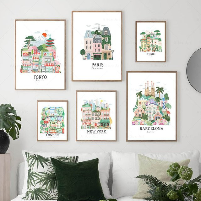 Potdemiel Wandkunst Leinwanddruck Modern City Illustration Multicolour Rechteckig - Bild 1