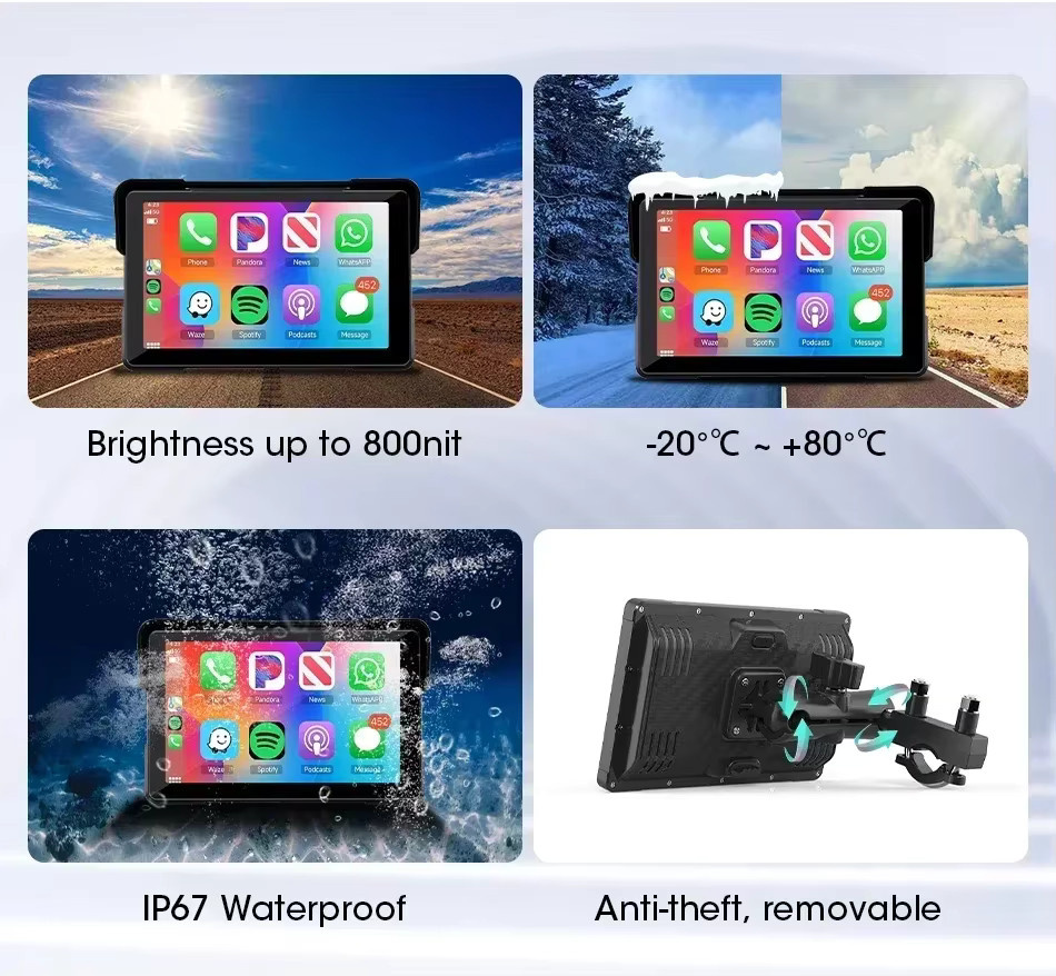 Jansite 7 Zoll Motorrad GPS Navigation mit kabellosem CarPlay und Android Unterstützung, IPX7 wasserdichtes LCD-Display und Dual-Objektiv in Schwarz - Bild 5