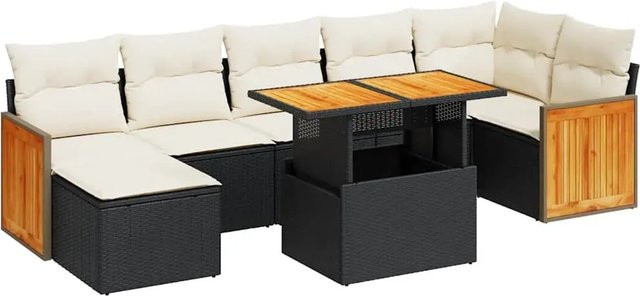 vidaXL 8-tlg Garten-Sofagarnitur in L-Form aus Polyrattan und Akazienholz mit Kissen in Schwarz-Creme - Bild 1