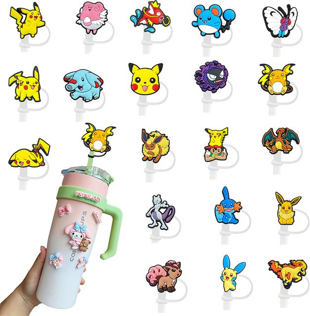 Potdemiel Pokemon Pikachu Silikon-Strohhalm-Aufsätze in Multicolour für 10mm Strohhalme und Glasbecher mit 30 oder 40 Unzen, staubdicht und wiederverwendbar - Bild 1