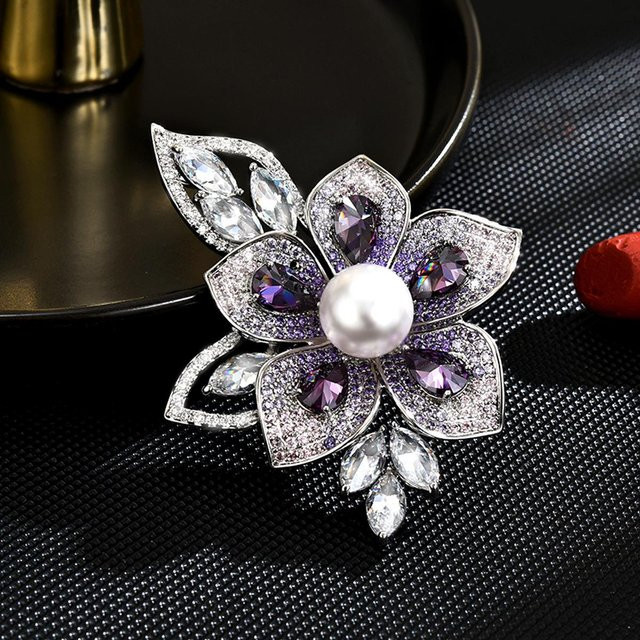YIRAN Brosche, Imitationsperlen, Blumen, grau, Damen - Bild 1