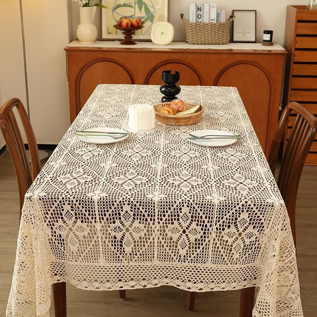 JMG Household Supplies Tischdecke aus Baumwolle und Leinen mit Spitzenmuster in Weiß, B/B: 130 x 130 cm - Bild 1