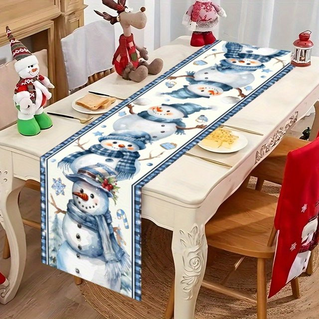 VIKAMA Nordic Schneemann Tischläufer für Weihnachten in Blau, B/H: 183 x 33 cm - Bild 1