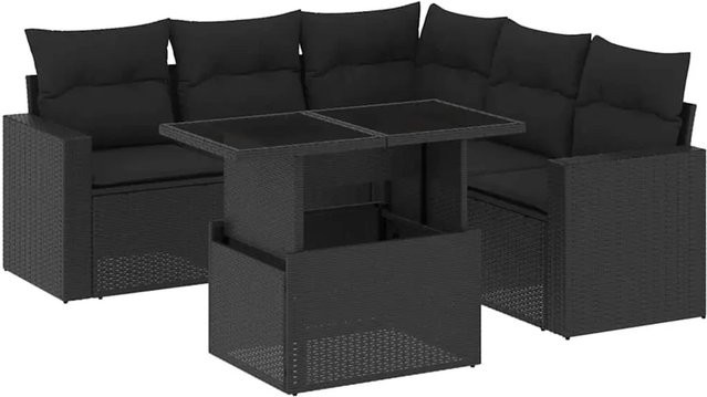 vidaXL 6-teilige Garten-Sofagarnitur in L-Form aus schwarzem Poly-Rattan mit Kissen und pulverbeschichtetem Stahlgestell - Bild 1