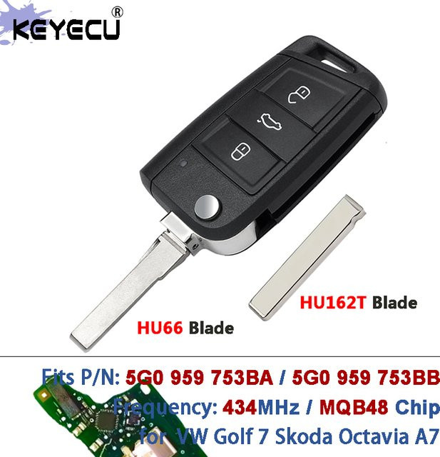 KEYECU Ersatzfernbedienung mit MQB ID48 Chip für Volkswagen VW Golf 7 und Skoda Octavia A7, 434 MHz, Schwarz - Bild 1