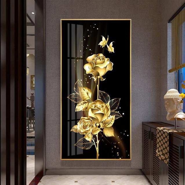 GIEKIKI Abstrakte Leinwandmalerei mit Rose, Blume und Schmetterling in Schwarz, Gold und Weiß, Modernes Wandbild für dein Wohnzimmer, B x H: 50 x 100 cm - Bild 1