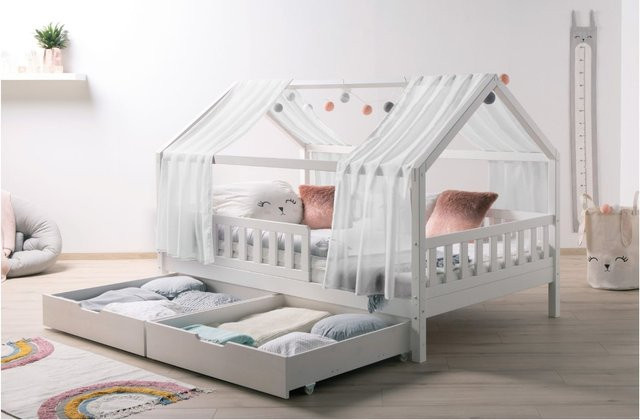 TiCAA Kinderbett Hausbett Kim aus Kiefer Massivholz mit Tüll, Weiß, inkl. Rolllattenrost, Schubkasten und Rausfallschutz, Montessori Bett für Jungen und Mädchen - Bild 1