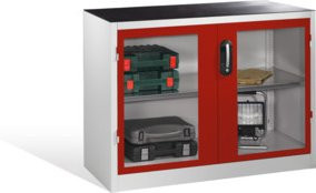 C+P Werkzeug-Beistellschrank mit Sichtfenster-Drehtüren und 1 Boden, Front Rubinrot, Korpus Lichtgrau, H: 100 cm, B: 120 cm, T: 50 cm - Bild 1