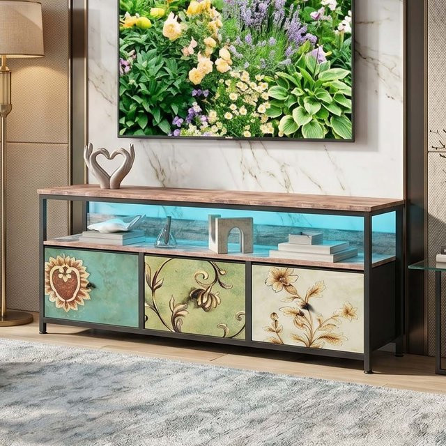 Simurq TV-Ständer mit Tigerholz-Effekt und RGB-LED-Beleuchtung, moderner Wohnzimmer-Niedrigschrank mit 4 Stoffschubladen, Breite: 137 cm - Bild 1