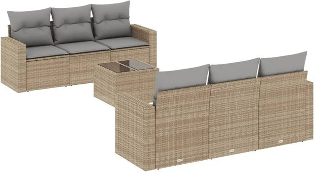 vidaXL 7-teilige Garten-Sofagarnitur in L-Form aus Poly-Rattan in Beige mit Kissen und pulverbeschichtetem Stahlgestell - Bild 1