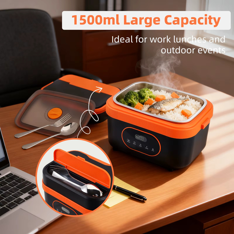 Elektrische Lunchbox von Rbefeuly mit Edelstahlschüssel, 1500 ml Speisenwärmer für Büro und Reisen, Schwarz oder Orange - Bild 3